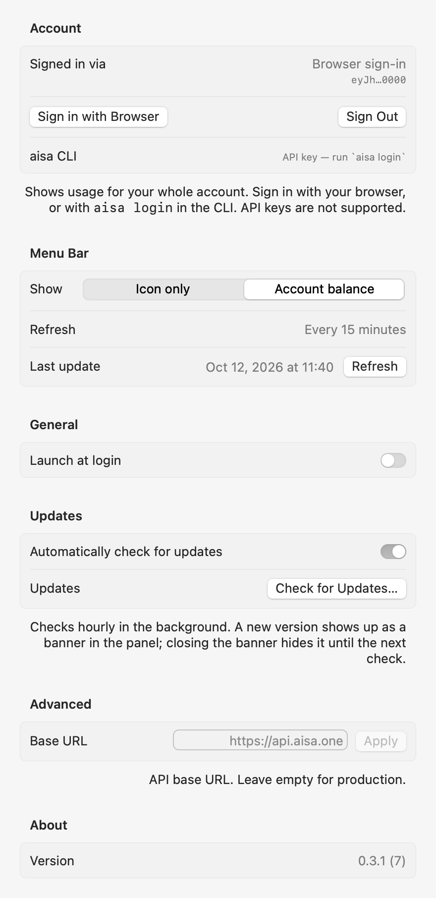 AIsa Usage Settings: the account you are signed in with, a Sign in with Browser button, the aisa CLI session, menu bar style, refresh interval, launch at login, and update options