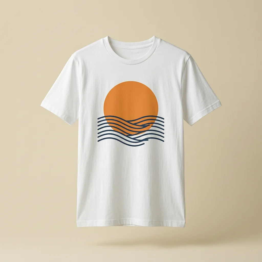 White T-shirt with an orange sun and navy waves floating in a cream studio